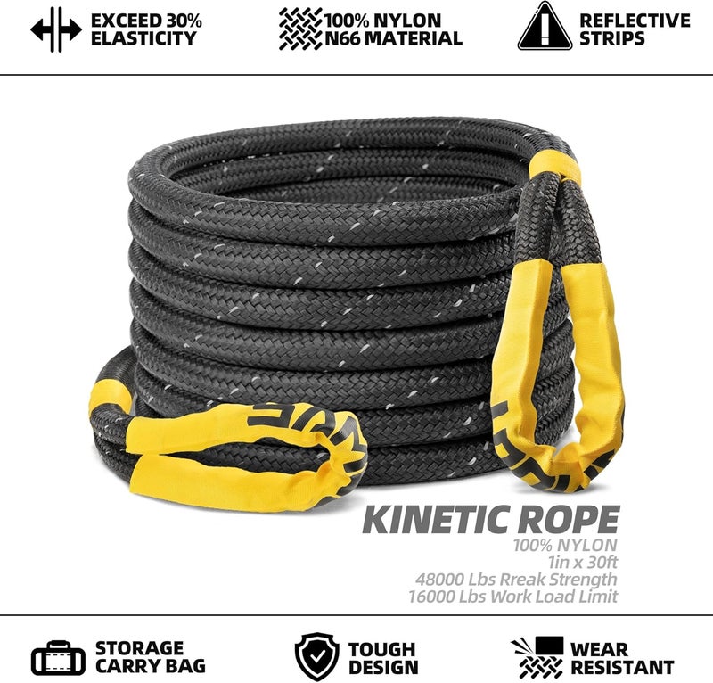 SAMOUT Kinetic Reflective Recovery Rope (48000Lbs 1in x 30ft), Extreme Duty 30% Elasticity Energy Snatch Strap for 4x4 Offroad Vehicle (1in * 30ft Recovery Rope) - Image 2